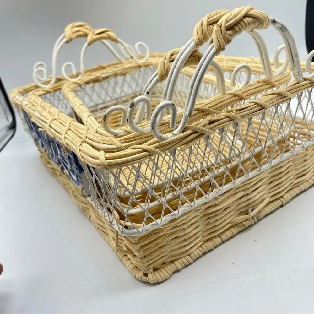 Vintage Three Piece Rectangle Woven Basket With Blue Porcelain Tile Accents